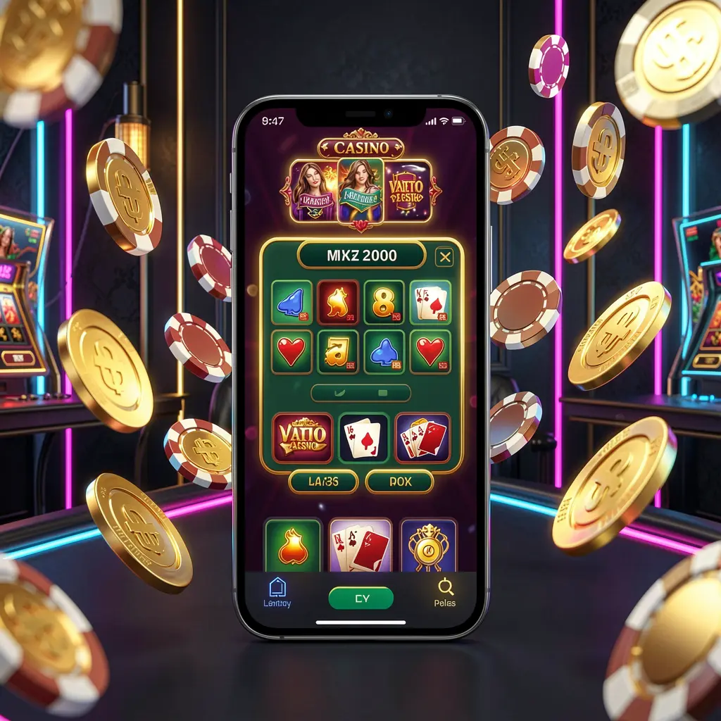 JILI3377 online casino mobile app hero banner showing a modern smartphone with glowing casino interface, golden coins and poker chips flying around on a dark luxury background with neon accents