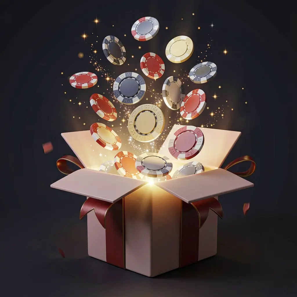 JILI3377 no deposit bonus visual featuring free casino chips emerging from a glowing gift box with magical sparkles on a dark premium background in a realistic 3D render