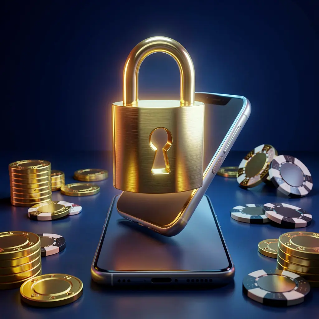 JILI3377 casino login security image showing a glowing padlock floating above a smartphone with golden coins and chips scattered around against a dark blue neon background