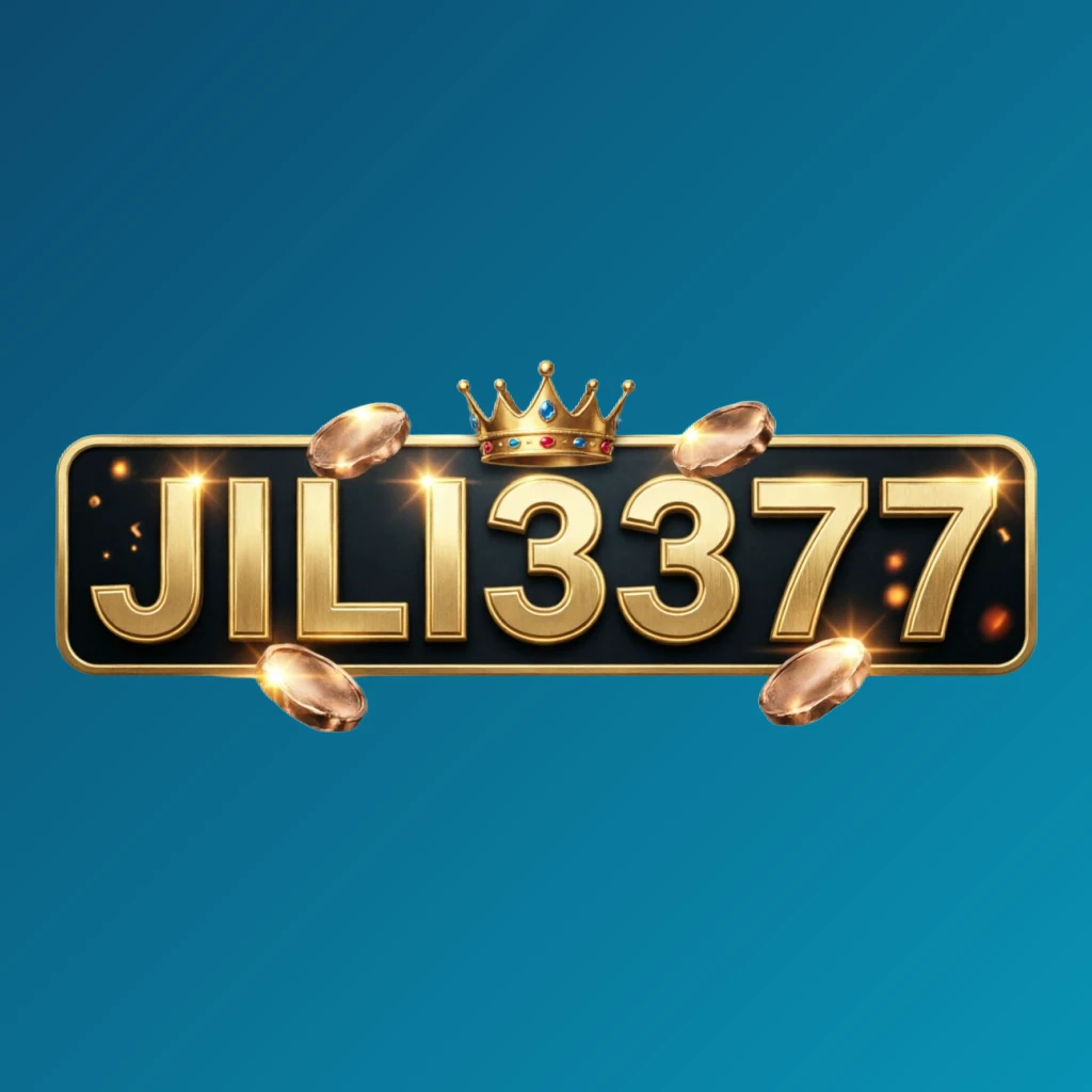 Casino-style horizontal rectangular wordmark logo for JILI3377 with golden letters, a crown element, and sparkling coins, creating a luxury gaming atmosphere on a transparent background