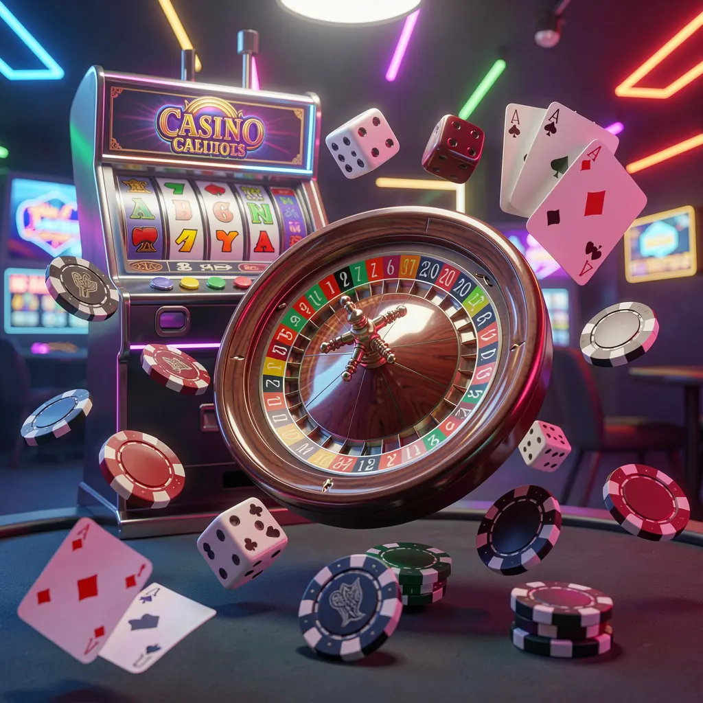 JILI3377 casino games collection homepage visual featuring slot machine, roulette wheel, dice, playing cards, and poker chips floating together with colorful neon lights in a premium 3D render